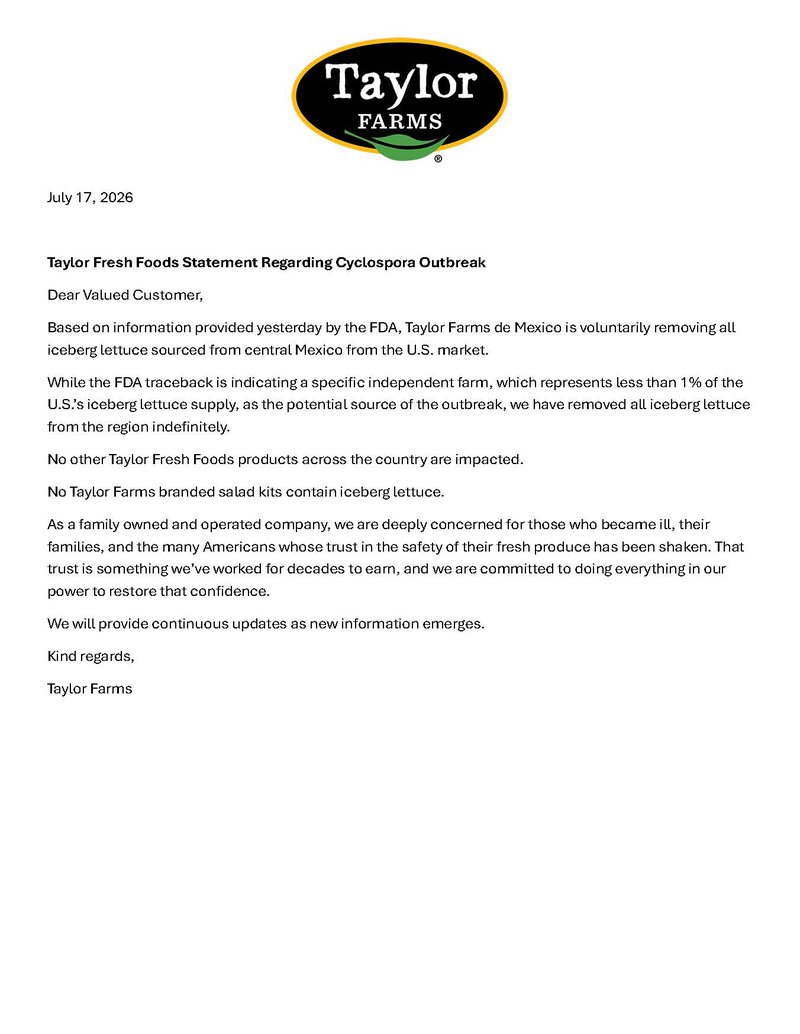 Taylor Fresh Foods Statement Regarding Cyclospora Outbreak